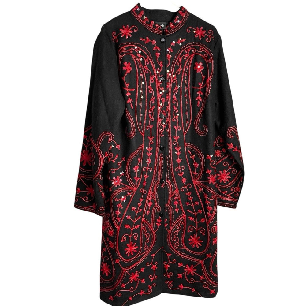 Metrostyle Womens Embroidered Sequined Coat Sz LT Black Red Wool Mandarin Collar